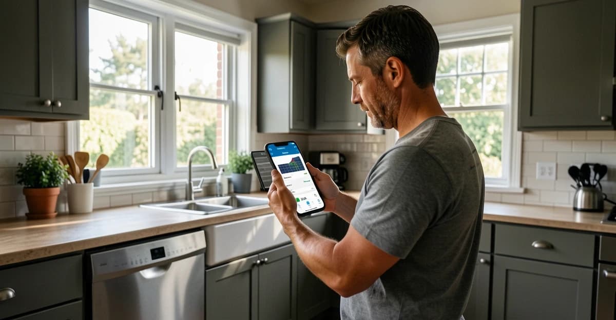 A homeowner checking real-time solar generation on a smartphone app, standing in a residential kitchen with natural light from windows, displaying Growatt or Deye interface on screen