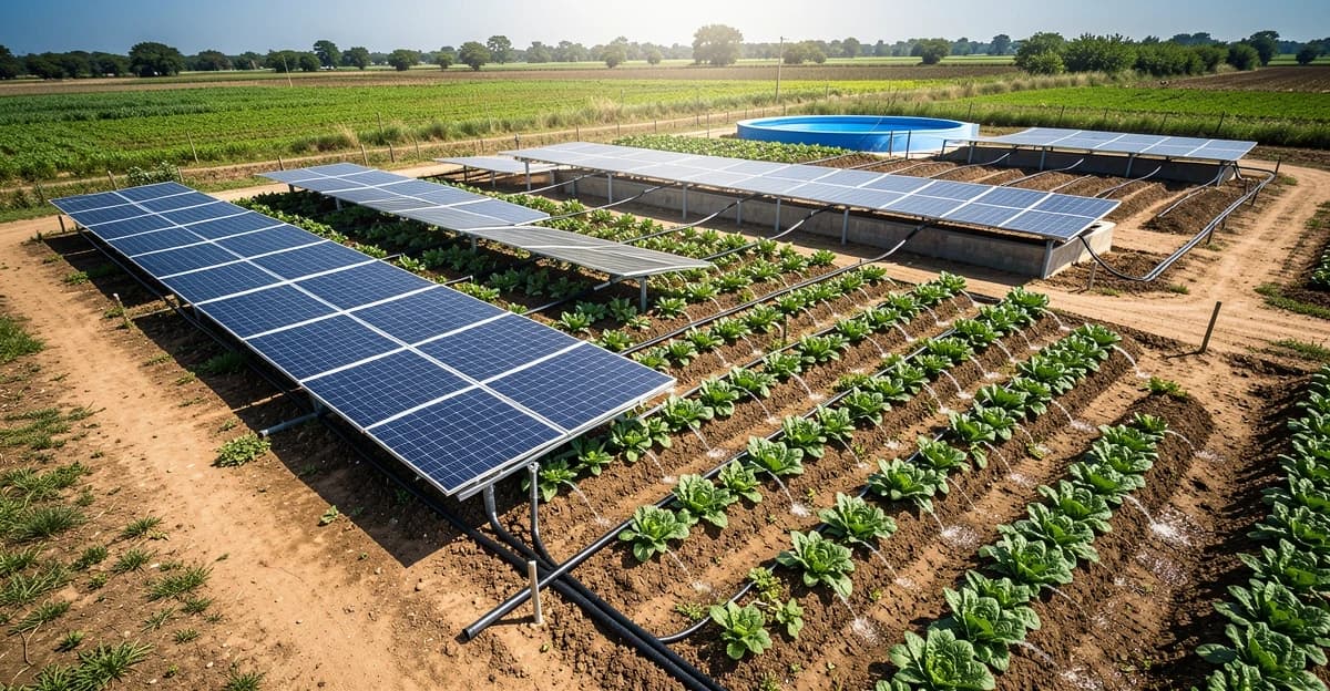 Aerial view of a modern drip irrigation system with solar panels mounted on a ground structure, rows of leafy crops receiving water from black drip lines, blue reservoir visible, clear bright sunshine